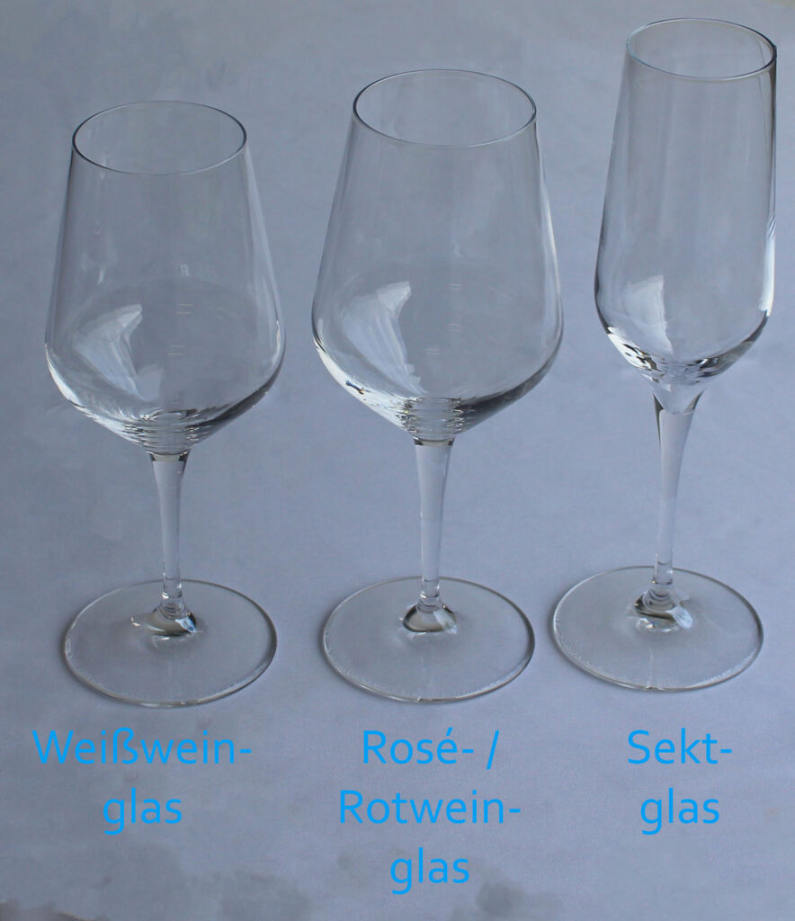 Weißweinglas, Roséweinglas, Rotweinglas, Sektglas
